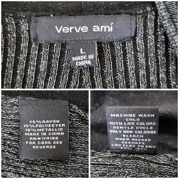 Verve Ami Black & Silver Metallic Knit Open Front Cardigan Sweater Womens Size L - Picture 7 of 7